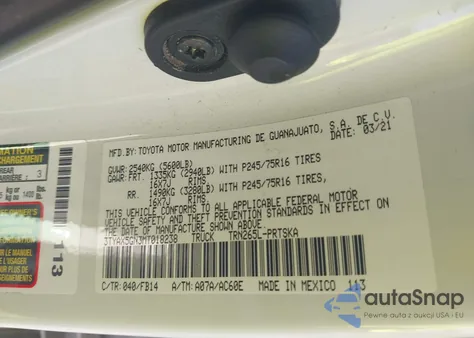 2021 Toyota Tacoma Sr from USA, damaged, VIN 3TYAX5GN3MT018238
